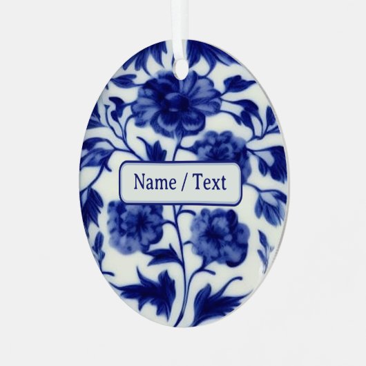 青かわいらしと白の花の絵画文字-カスタム メタルオーナメント (正面左)