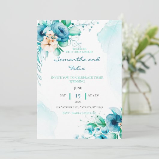 青かわいらしと緑のフローラ結婚式招待状 招待状 (スタンド正面)