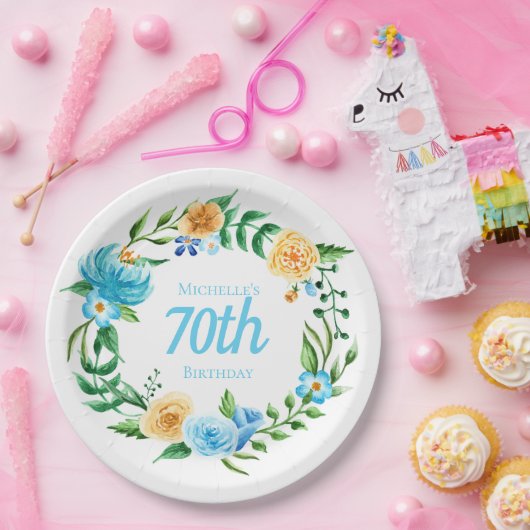 青かわいらしと黄のフローラ70誕生日 ペーパープレート (パーティー)