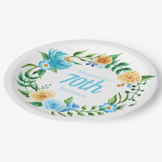 青かわいらしと黄のフローラ70誕生日 ペーパープレート (アングル)