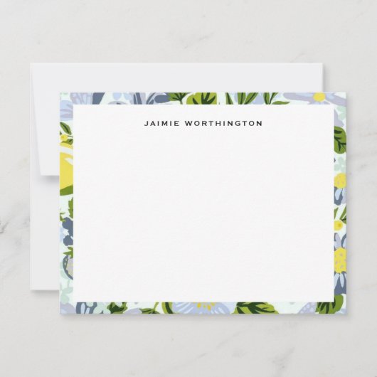 青かわいらしと黄の花の模様ガーリー ノートカード (正面)