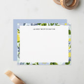 青かわいらしと黄の花の模様ガーリー ノートカード (正面/裏面インサイチュ)