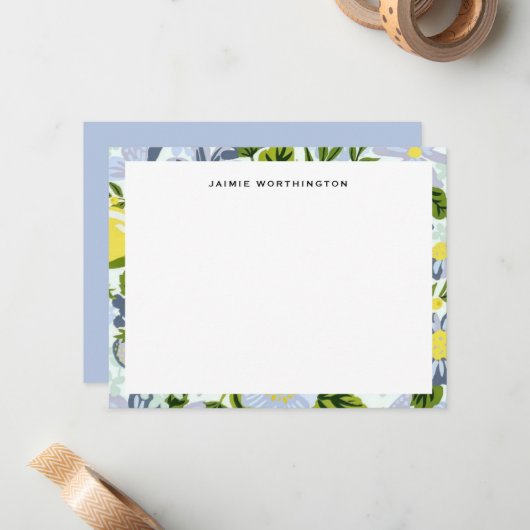 青かわいらしと黄の花の模様ガーリー ノートカード (正面/裏面インサイチュ)