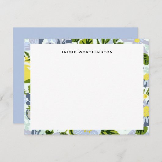 青かわいらしと黄の花の模様ガーリー ノートカード (正面/裏面)