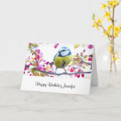 青かわいらしと黄色の鳥オンアブランチ誕生日 カード (黄色い花)