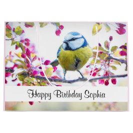 青かわいらしと黄色の鳥オンアブランチ誕生日 ラージペーパーバッグ