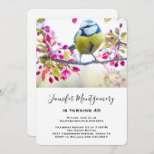 青かわいらしと黄色の鳥オンアブランチ誕生日 招待状 (正面/裏面)