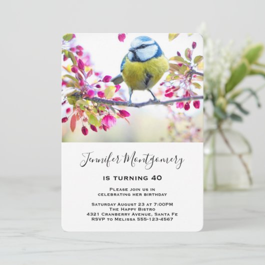 青かわいらしと黄色の鳥オンアブランチ誕生日 招待状 (スタンド正面)