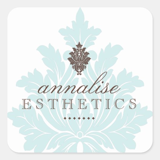 青かわいらしダマスクのシール スクエアシール (正面)
