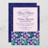 青かわいらしピンクのチューリップフローラ水彩甘い16 招待状 (正面/裏面)