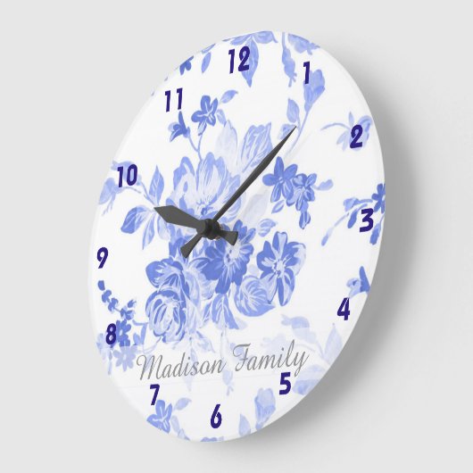 青かわいらしフランスのいデルフト見た青い白いフローラ ラージ壁時計 (傾斜)