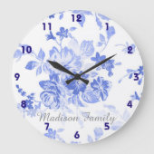 青かわいらしフランスのいデルフト見た青い白いフローラ ラージ壁時計 (正面)