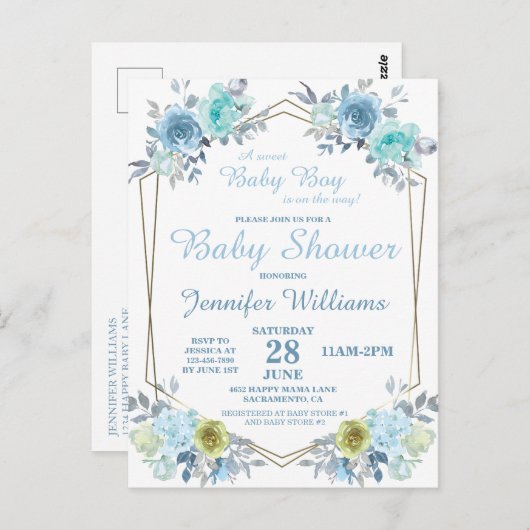 青かわいらしフローラ男の子のシャワーInvitati ポストカード (正面/裏面)