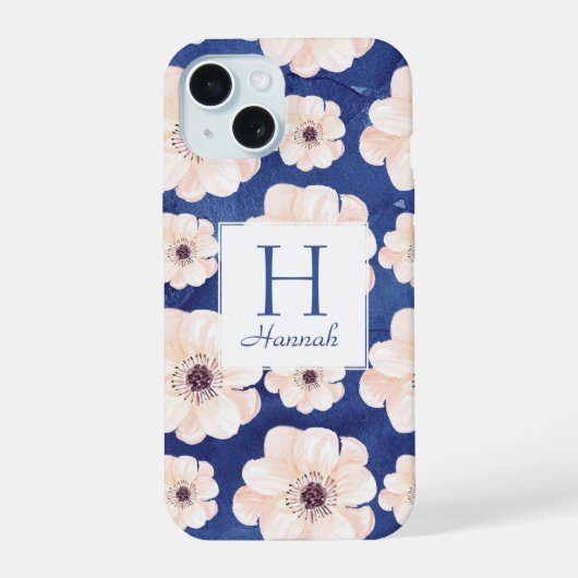 青かわいらし桃花柄モノグラム iPhone 15ケース (裏面)