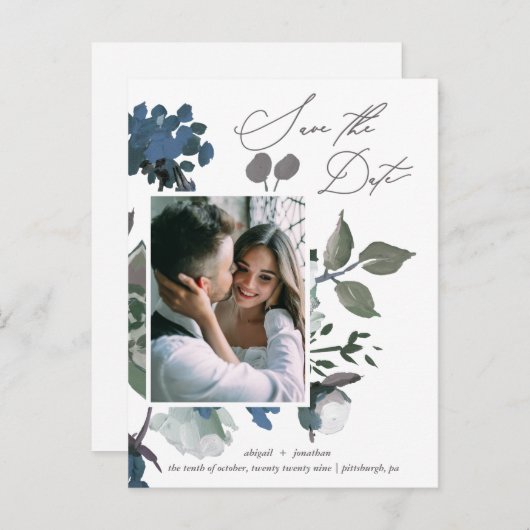 青かわいらし水彩花束の保存日 インビテーションポストカード (正面/裏面)