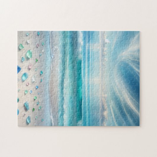 青かわいらし海波と海ガラスパーソナライズされた ジグソーパズル (横)