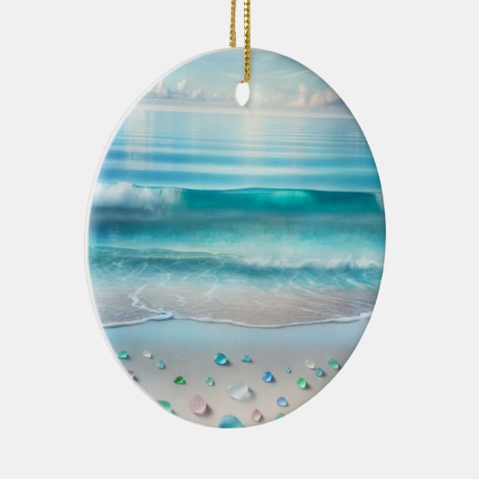 青かわいらし海波と海ガラスパーソナライズされた セラミックオーナメント (右)