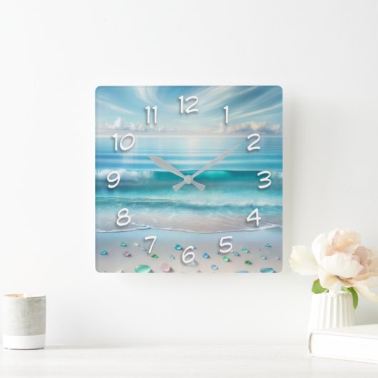 青かわいらし海波と海ガラス スクエア壁時計 (ホーム)