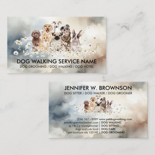 青かわいらし犬のデイジー水彩背景 名刺 (正面/裏面)