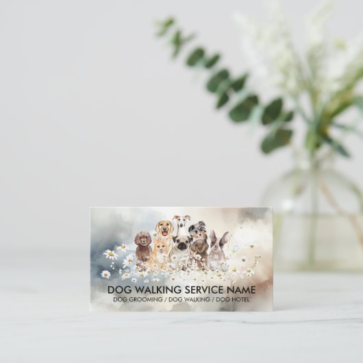 青かわいらし犬のデイジー水彩背景 名刺 (スタンド正面)