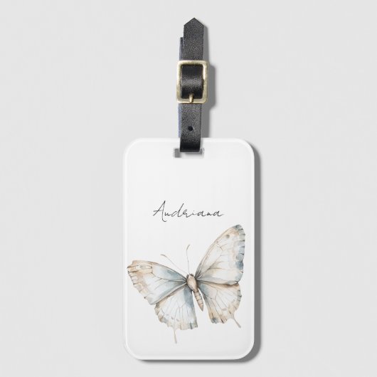 青かわいらし白バタフライフローラ ラゲッジタグ (正面縦)