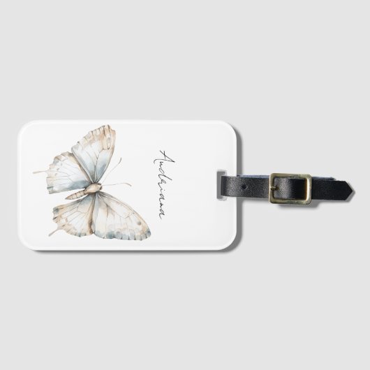 青かわいらし白バタフライフローラ ラゲッジタグ (正面横)