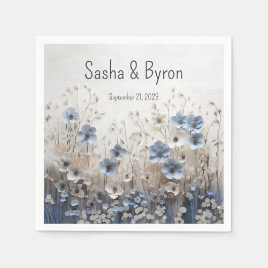 青かわいらし白3Dフラワーガーデン結婚ズ スタンダードカクテルナプキン (正面)