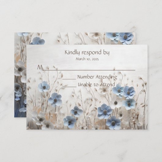 青かわいらし白3Dフラワーガーデン結婚ズ 出欠カード (正面/裏面)