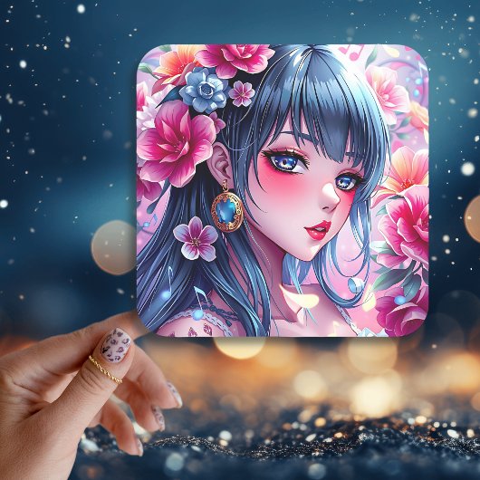 青かわいらし目のアニメ少女 スクエアシール