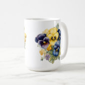 青かわいらし紫の黄色のパンジーの花 コーヒーマグカップ (正面右)
