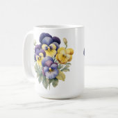 青かわいらし紫の黄色のパンジーの花 コーヒーマグカップ (正面左)
