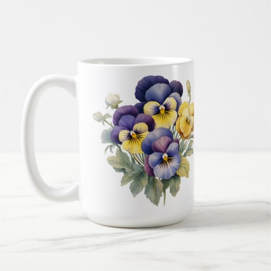 青かわいらし紫の黄色のパンジーの花 コーヒーマグカップ (左)