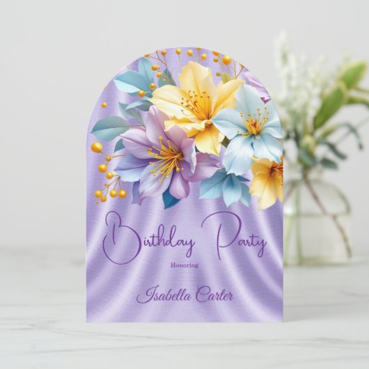青かわいらし紫イエローフラワーバースデーパーティー 招待状 (スタンド正面)