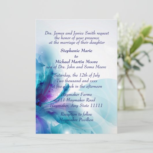 青かわいらし色とフローラ抽象芸術結婚式招待状 招待状 (スタンド正面)