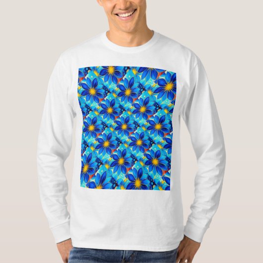 青かわいらし花パターン Tシャツ (正面)