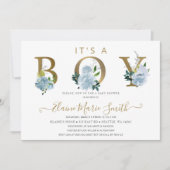 青かわいらし花フローラ男の子シャワー 招待状 (正面)