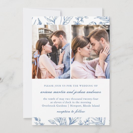 青かわいらし花柄2枚結婚写真 招待状 (正面)