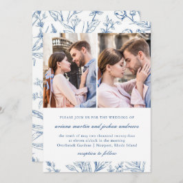 青かわいらし花柄2枚結婚写真 招待状
