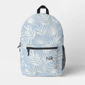 青かわいらし葉と白の葉のパターンのモノグラムイニシャル プリントバックパック (正面)