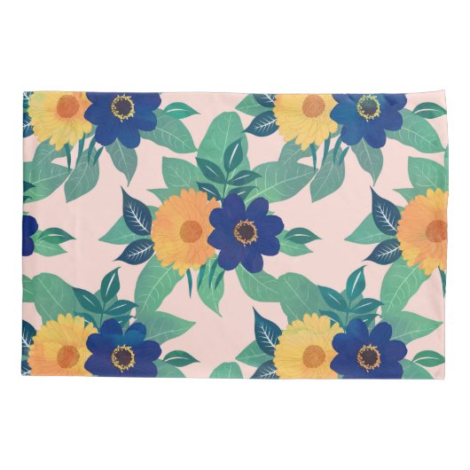 青かわいらし黄フローラと葉ピンクデザイン 枕カバー (裏面-左)