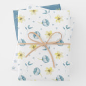 青かわいらし黄フローラ赤ちゃんシャワー ラッピングペーパーシート (インサイチュ)