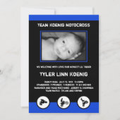 青か黒いモトクロスの土のバイクの誕生の発表 案内状 (正面)