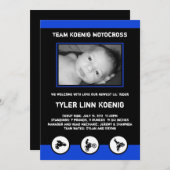 青か黒いモトクロスの土のバイクの誕生の発表 案内状 (正面/裏面)