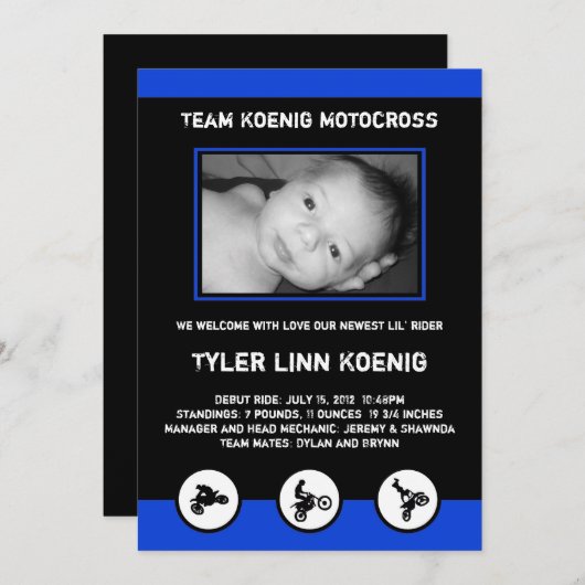 青か黒いモトクロスの土のバイクの誕生の発表 案内状 (正面/裏面)