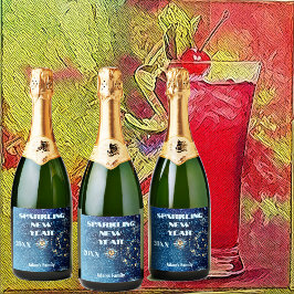 青きらめく新年グリッター星フローラパーティー スパークリングワインラベル