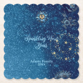 青きらめく新年グリッター星フローラパーティー ペーパーコースター (正面)