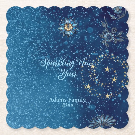 青きらめく新年グリッター星フローラパーティー ペーパーコースター (正面)