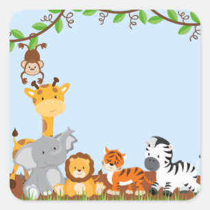 青くかわいいジャングルのベビー動物のステッカー スクエアシール