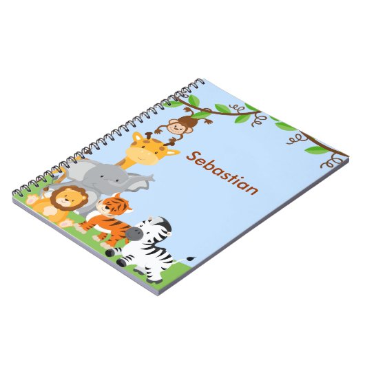 青くかわいいジャングルのベビー動物のノート ノートブック (左側)