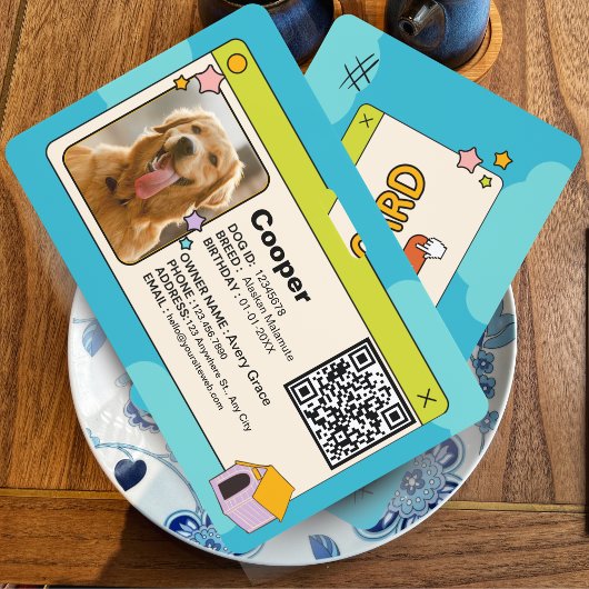 青くてカラフルな犬のIDカード（QRコードと写真付き） バッジ